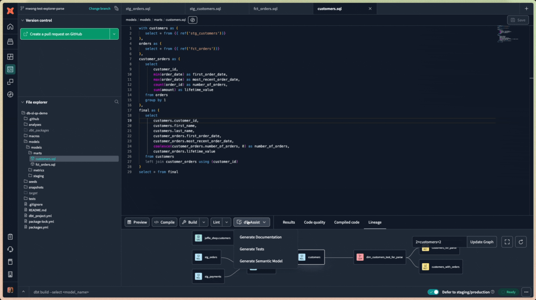Use dbt Assist, a powerful AI feature, to automatically generate tests, semantic models, and documentation in the dbt Cloud IDE. Use dbt Assist, a powerful AI feature, to automatically generate tests, semantic models, and documentation in the dbt Cloud IDE.